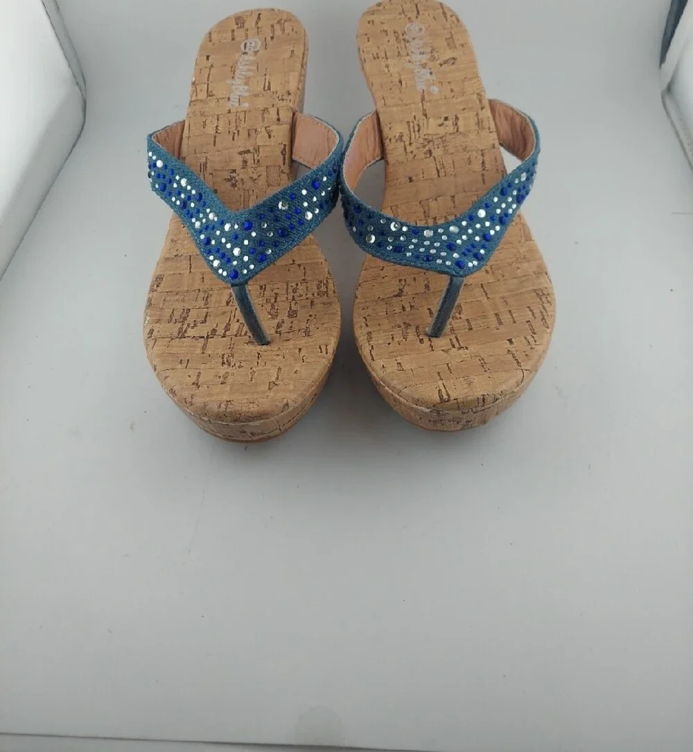 Ashley Blue Embellished Cork Wedge Flip Flops - Women Size 9